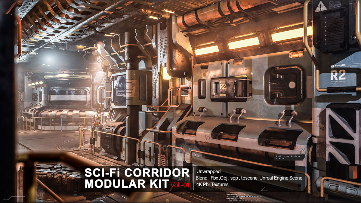 科幻走廊模块化3D模型(Blender) Sci-fi Corridor Modular Kit Vol 01