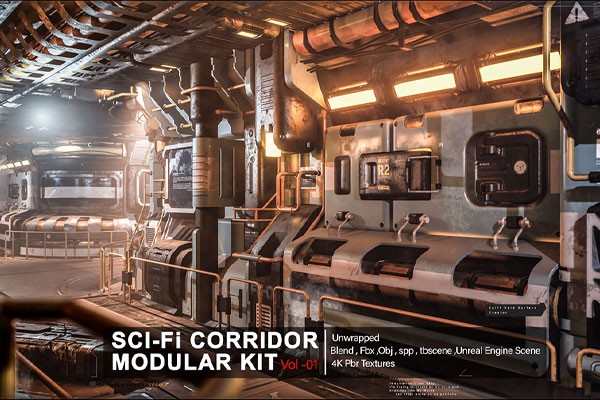 科幻走廊模块化3D模型(Blender) Sci-fi Corridor Modular Kit Vol 01