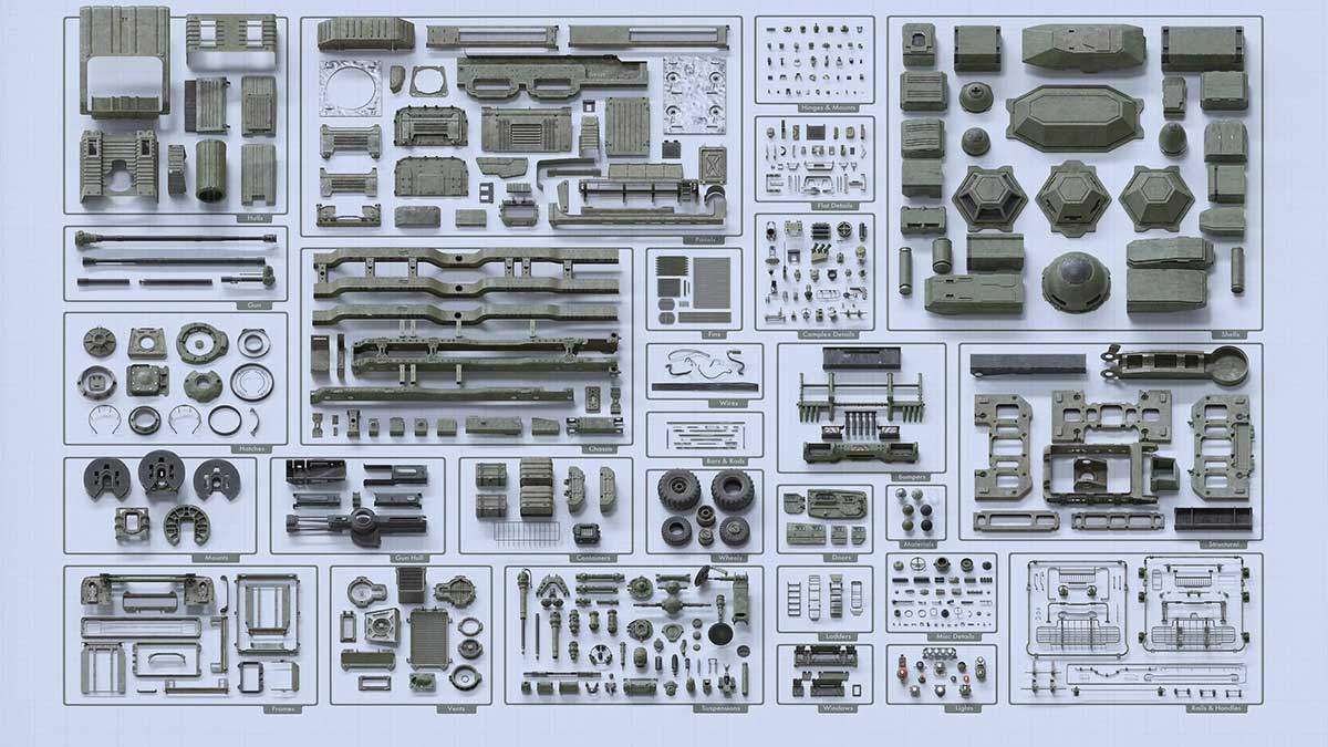 军事武装人物坦克装甲车车辆零部件3D模型资产(Blender/Unreal/FBX/OBJ) BigMediumSmall – Armor