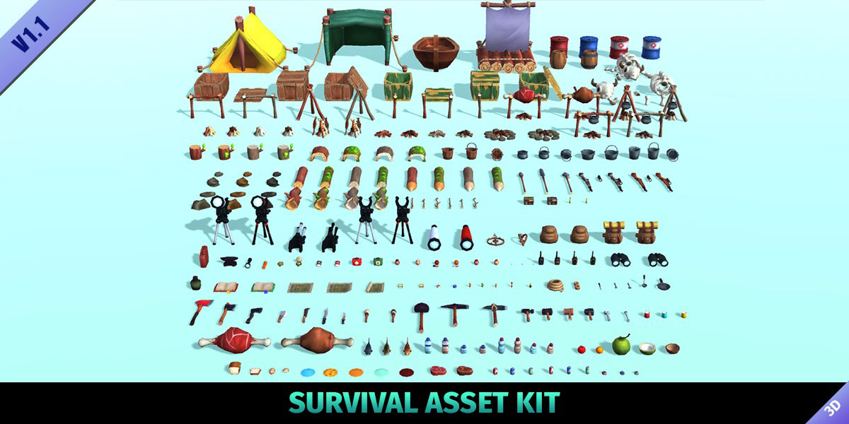 138款卡通风格手绘低多边形生存主题3D模型资产下载(Blender) Survival Asset Kit