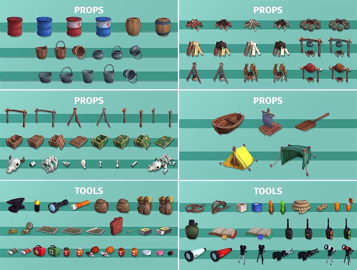 138款卡通风格手绘低多边形生存主题3D模型资产下载(Blender) Survival Asset Kit