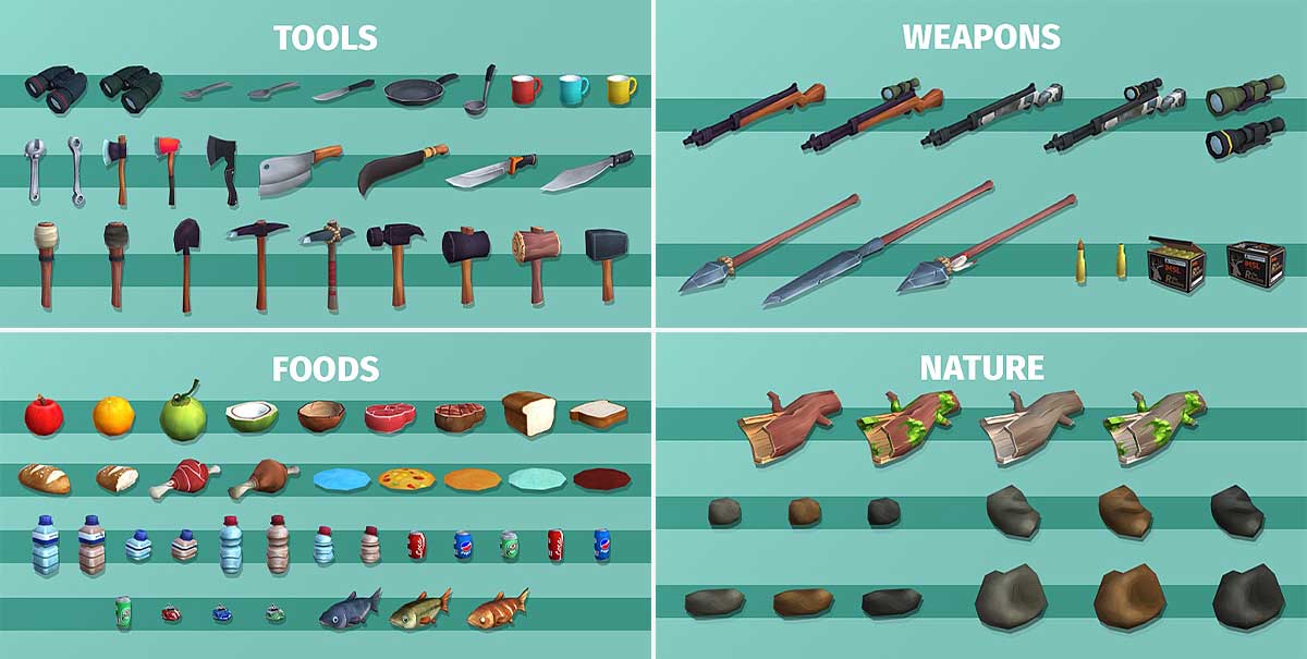 138款卡通风格手绘低多边形生存主题3D模型资产下载(Blender) Survival Asset Kit