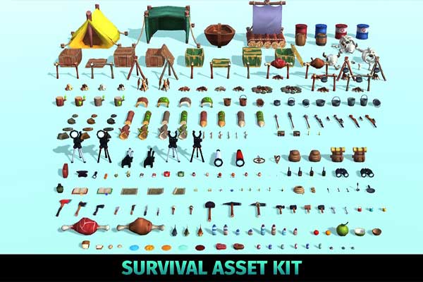 138款卡通风格手绘低多边形生存主题3D模型资产下载(Blender) Survival Asset Kit