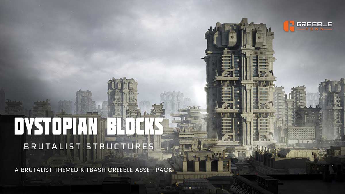野兽派科幻反乌托邦建筑3D模型资产(Blender) Dystopian Blocks – Brutalist Structures Kitbash Buildings