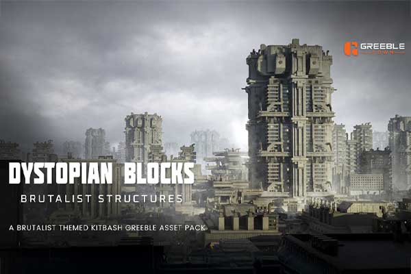 野兽派科幻反乌托邦建筑3D模型资产(Blender) Dystopian Blocks – Brutalist Structures Kitbash Buildings