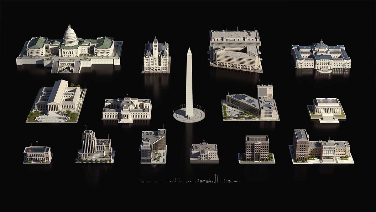 华盛顿特区白宫国会大厦最高法院等建筑3D模型资产下载(Blender) KitBash3D – Washington, D.C.