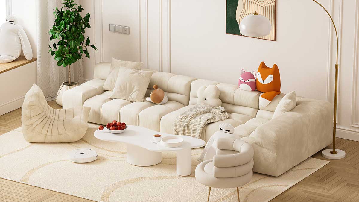 C4D室内奶油风客厅场景OC渲染工程客厅沙发C4D模型下载