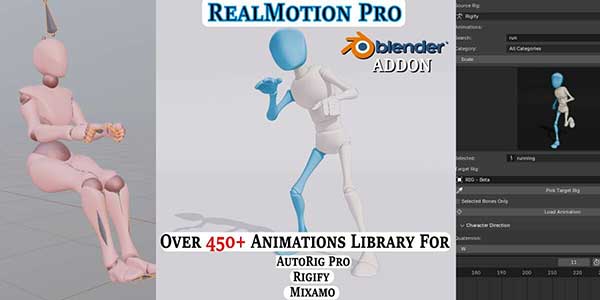 Blender人物角色动画动作库插件 RealMotion Pro v1.57.6(支持AutoRig Pro/Rigify/Mixamo/Daz)