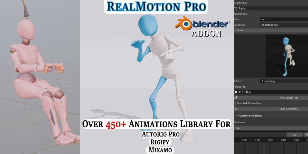 Blender人物角色动画动作库插件 RealMotion Pro v1.57.6(支持AutoRig Pro/Rigify/Mixamo/Daz)