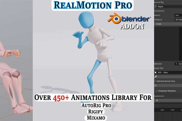 Blender人物角色动画动作库插件 RealMotion Pro v1.57.6(支持AutoRig Pro/Rigify/Mixamo/Daz)