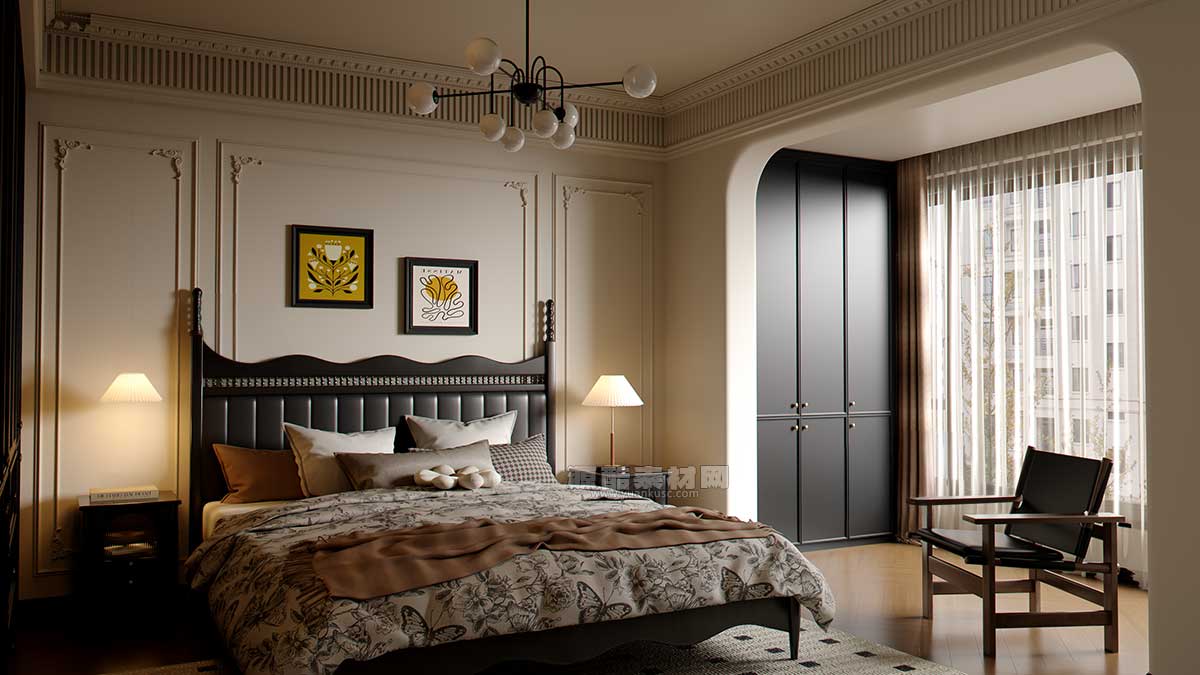 法式风格室内卧室场景RS渲染工程法式卧室C4D模型下载