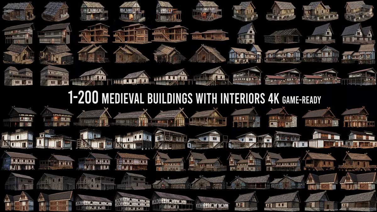 200个中世纪欧洲木式老房子建筑3D模型资产下载(Blender/FBX格式) 200 OLD MEDIEVAL HOUSES BUILDINGS PACK