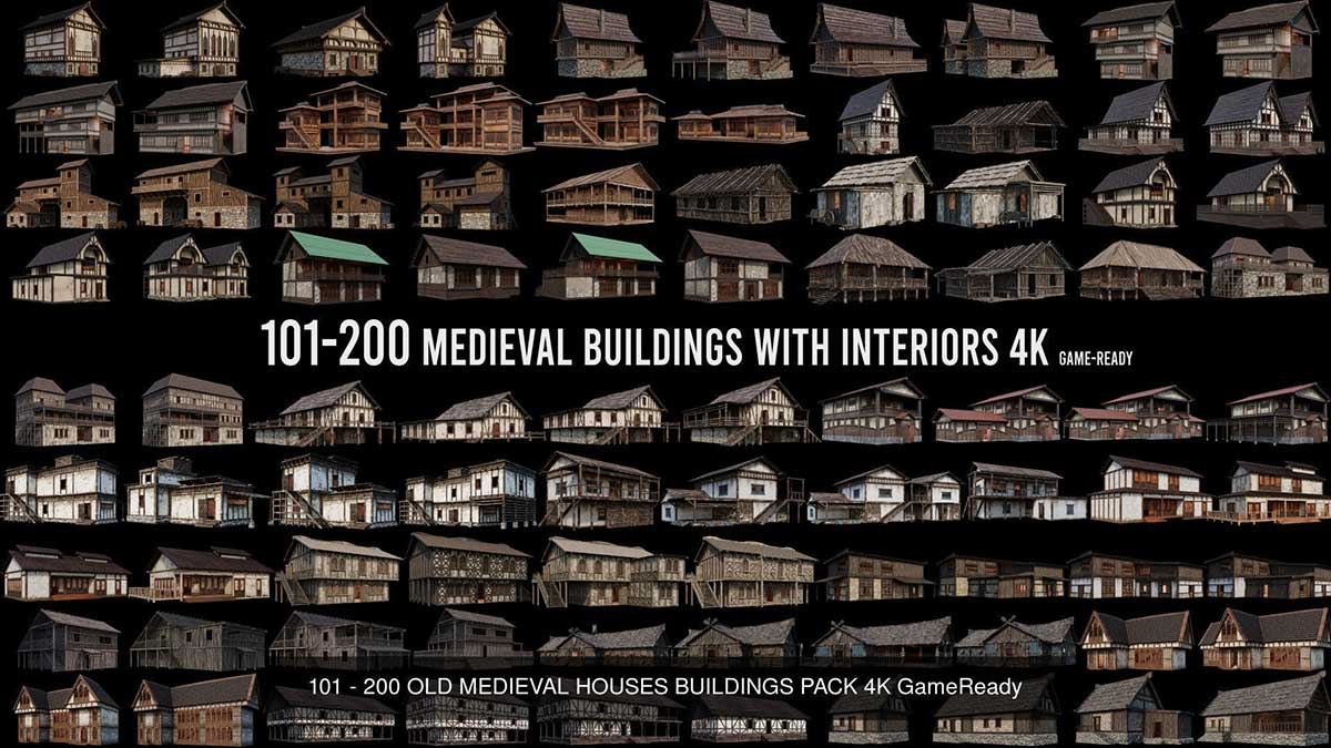 200个中世纪欧洲木式老房子建筑3D模型资产下载(Blender/FBX格式) 200 OLD MEDIEVAL HOUSES BUILDINGS PACK