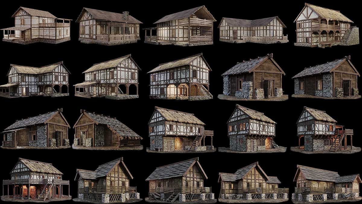 200个中世纪欧洲木式老房子建筑3D模型资产下载(Blender/FBX格式) 200 OLD MEDIEVAL HOUSES BUILDINGS PACK