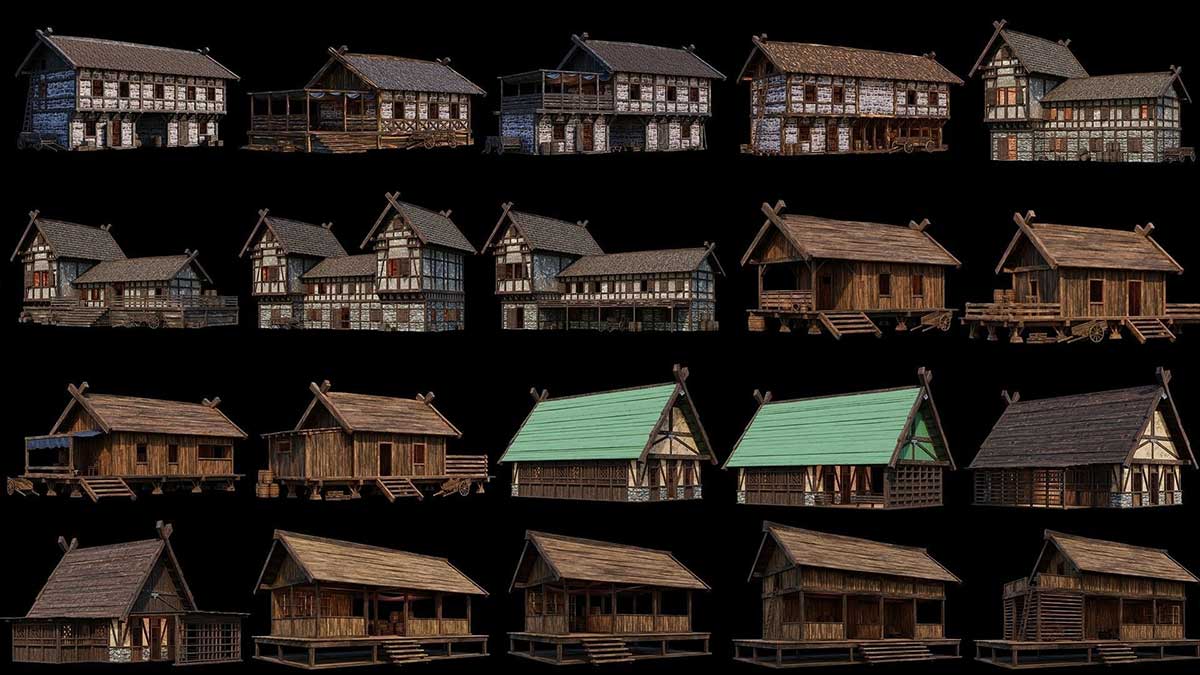 200个中世纪欧洲木式老房子建筑3D模型资产下载(Blender/FBX格式) 200 OLD MEDIEVAL HOUSES BUILDINGS PACK