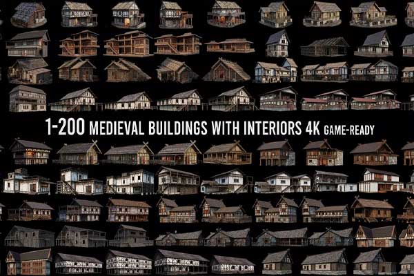 200个中世纪欧洲木式老房子建筑3D模型资产下载(Blender/FBX格式) 200 OLD MEDIEVAL HOUSES BUILDINGS PACK
