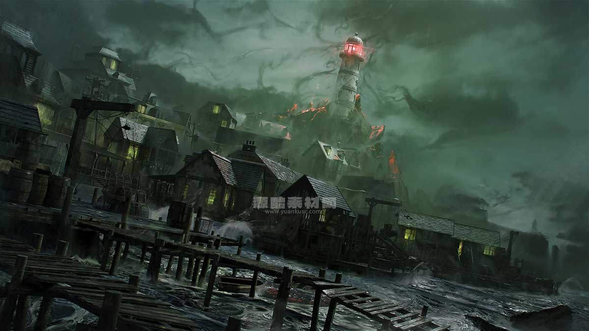 惊悚阴森恐怖小镇楼房木屋建筑3D模型资产(C4D,Blender,3DS MAX,Unity,UE,FBX/OBJ) kitbash3d lovecraft