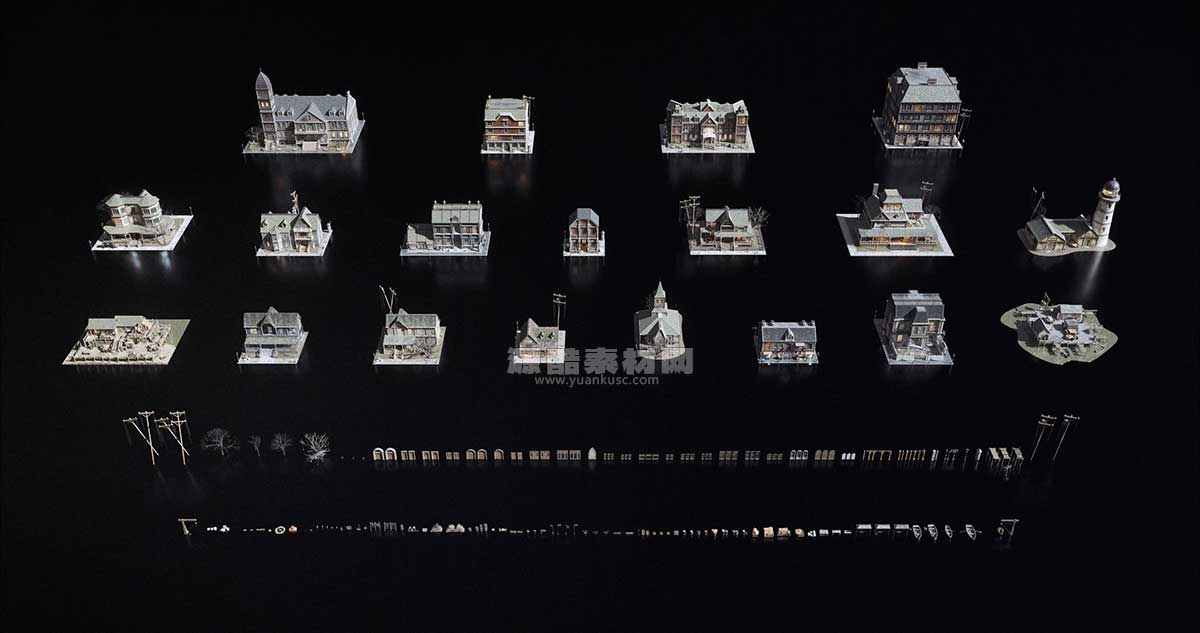 惊悚阴森恐怖小镇楼房木屋建筑3D模型资产(C4D,Blender,3DS MAX,Unity,UE,FBX/OBJ) kitbash3d lovecraft