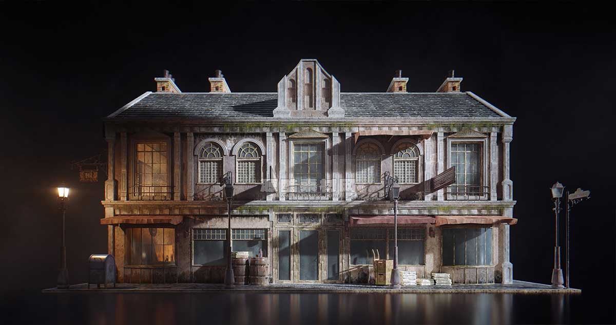 惊悚阴森恐怖小镇楼房木屋建筑3D模型资产(C4D,Blender,3DS MAX,Unity,UE,FBX/OBJ) kitbash3d lovecraft