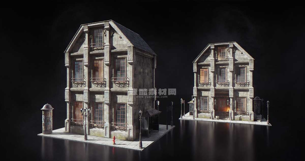 惊悚阴森恐怖小镇楼房木屋建筑3D模型资产(C4D,Blender,3DS MAX,Unity,UE,FBX/OBJ) kitbash3d lovecraft