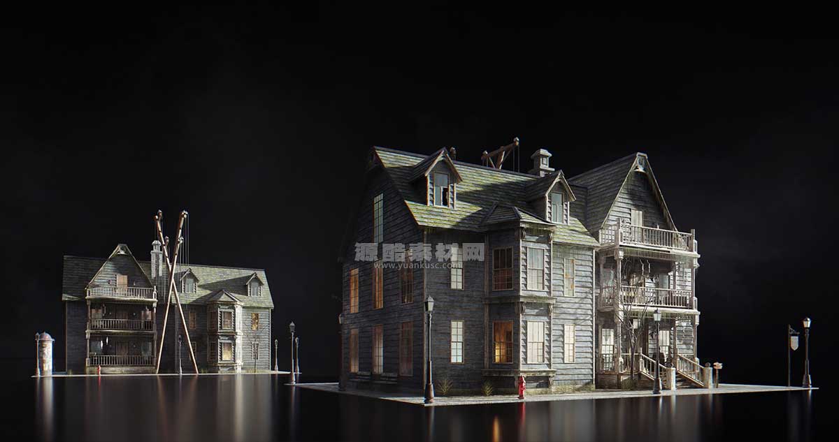 惊悚阴森恐怖小镇楼房木屋建筑3D模型资产(C4D,Blender,3DS MAX,Unity,UE,FBX/OBJ) kitbash3d lovecraft