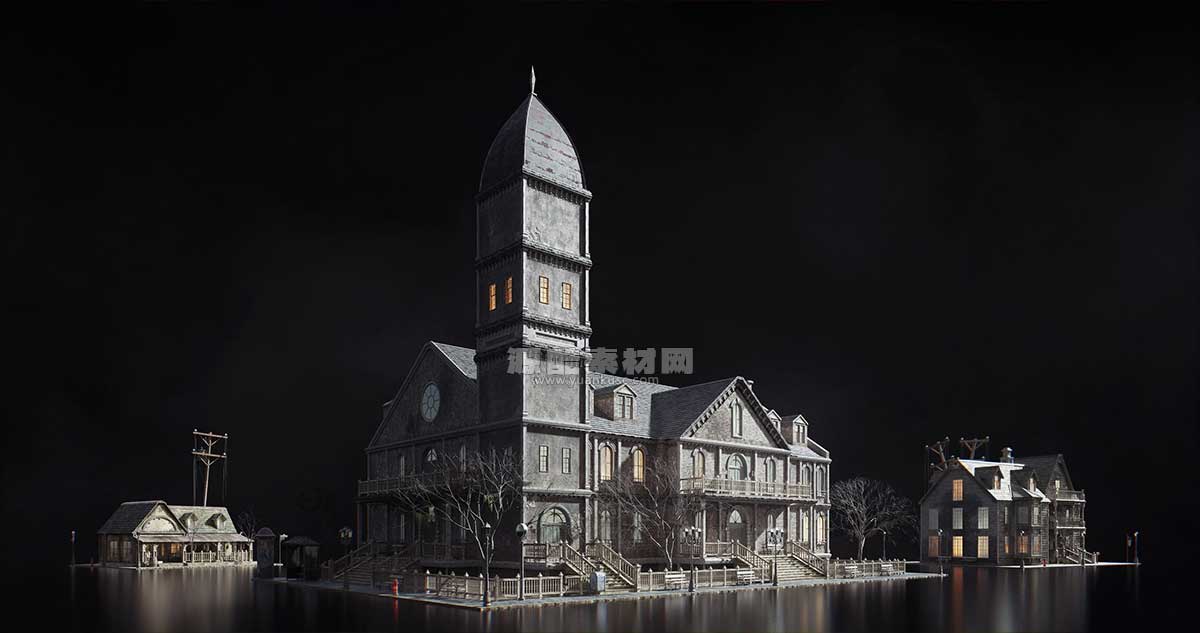 惊悚阴森恐怖小镇楼房木屋建筑3D模型资产(C4D,Blender,3DS MAX,Unity,UE,FBX/OBJ) kitbash3d lovecraft