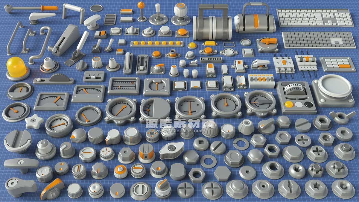 工业仪表螺母开关设备3D模型资产(C4D,Blender,MAX,FBX,OBJ格式) Industrial Kitbash – 9 – 156 pieces
