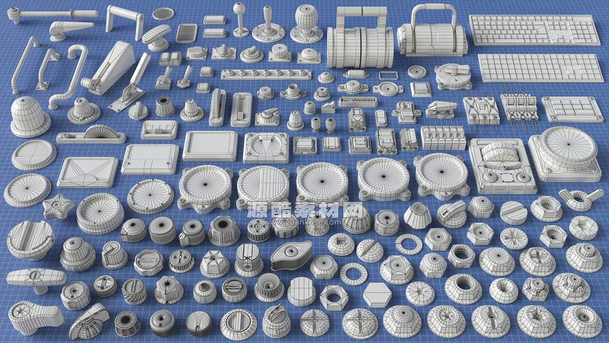 工业仪表螺母开关设备3D模型资产(C4D,Blender,MAX,FBX,OBJ格式) Industrial Kitbash – 9 – 156 pieces