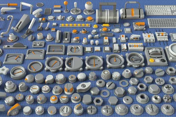 工业仪表螺母开关设备3D模型资产(C4D,Blender,MAX,FBX,OBJ格式) Industrial Kitbash – 9 – 156 pieces