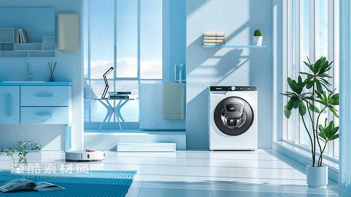 滚筒洗衣机室内场景OC渲染工程扫地机器人洗衣机C4D模型下载