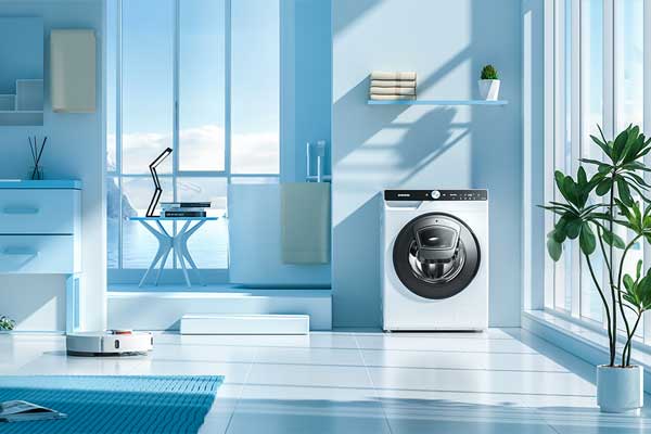 滚筒洗衣机室内场景OC渲染工程扫地机器人洗衣机C4D模型下载