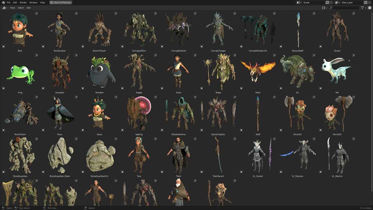 Blender中世纪奇幻游戏Kena: Bridge of Spirits角色场景道具3D模型资产 Kena Bridge of Spirits Asset Library