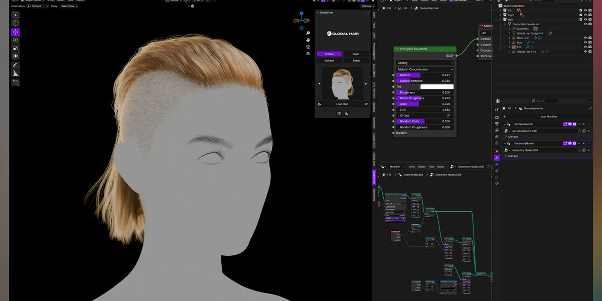 Blender人物角色发型头发资产库插件 Globalhair V1.0.0
