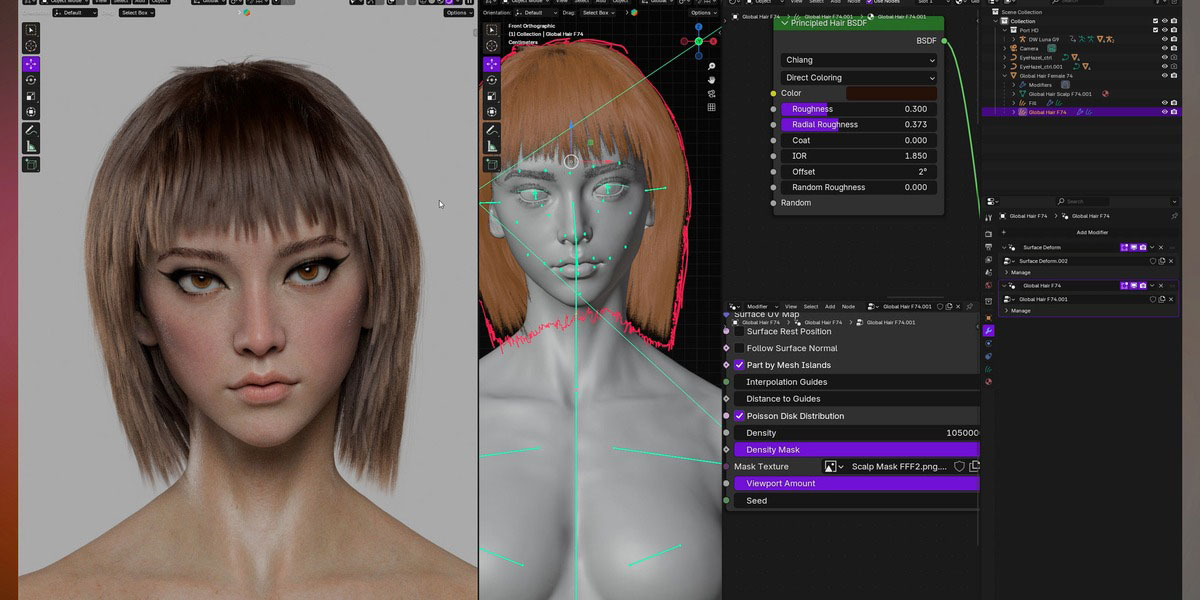 Blender人物角色发型头发资产库插件 Globalhair V1.0.0