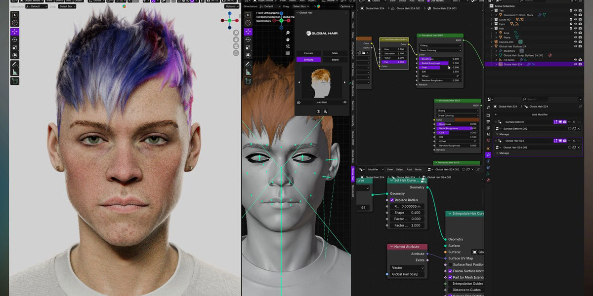 Blender人物角色发型头发资产库插件 Globalhair V1.0.0