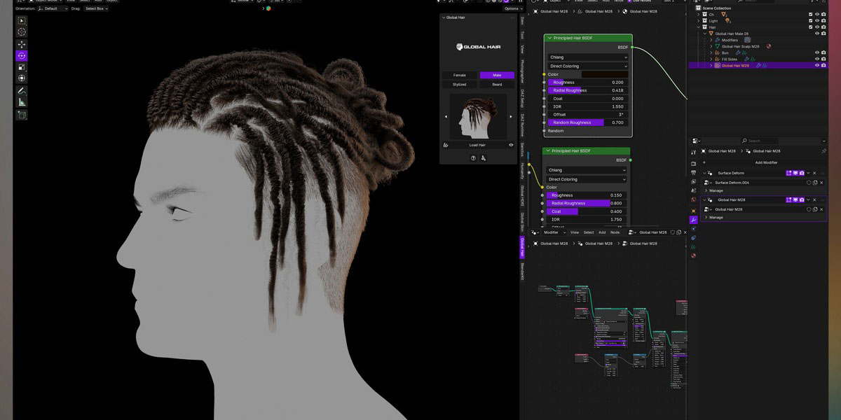 Blender人物角色发型头发资产库插件 Globalhair V1.0.0