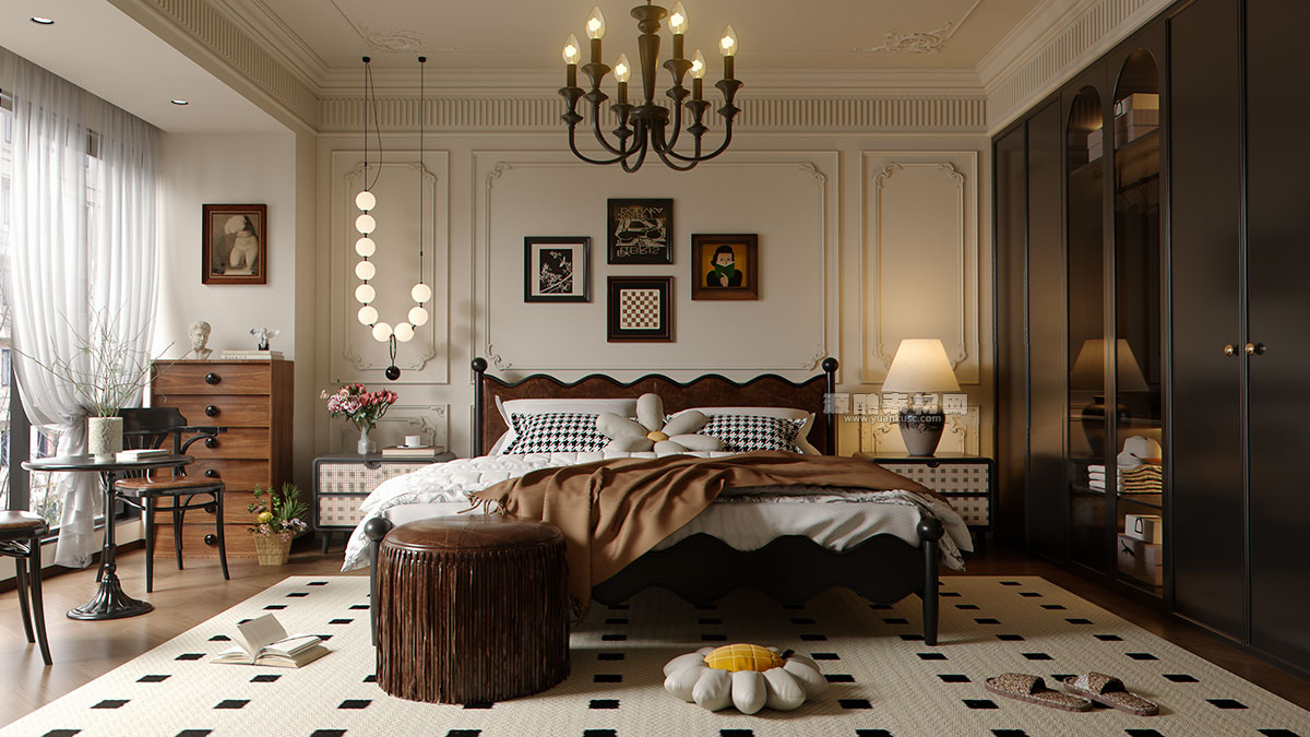 C4D法式中古风格室内卧室场景RS渲染工程室内卧室家具C4D模型