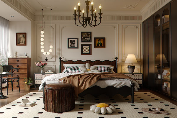 C4D法式中古风格室内卧室场景RS渲染工程室内卧室家具C4D模型