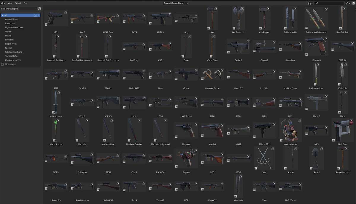 Blender使命召唤:黑色行动冷战游戏中的3D武器模型资产 Cold war Weapons asset library