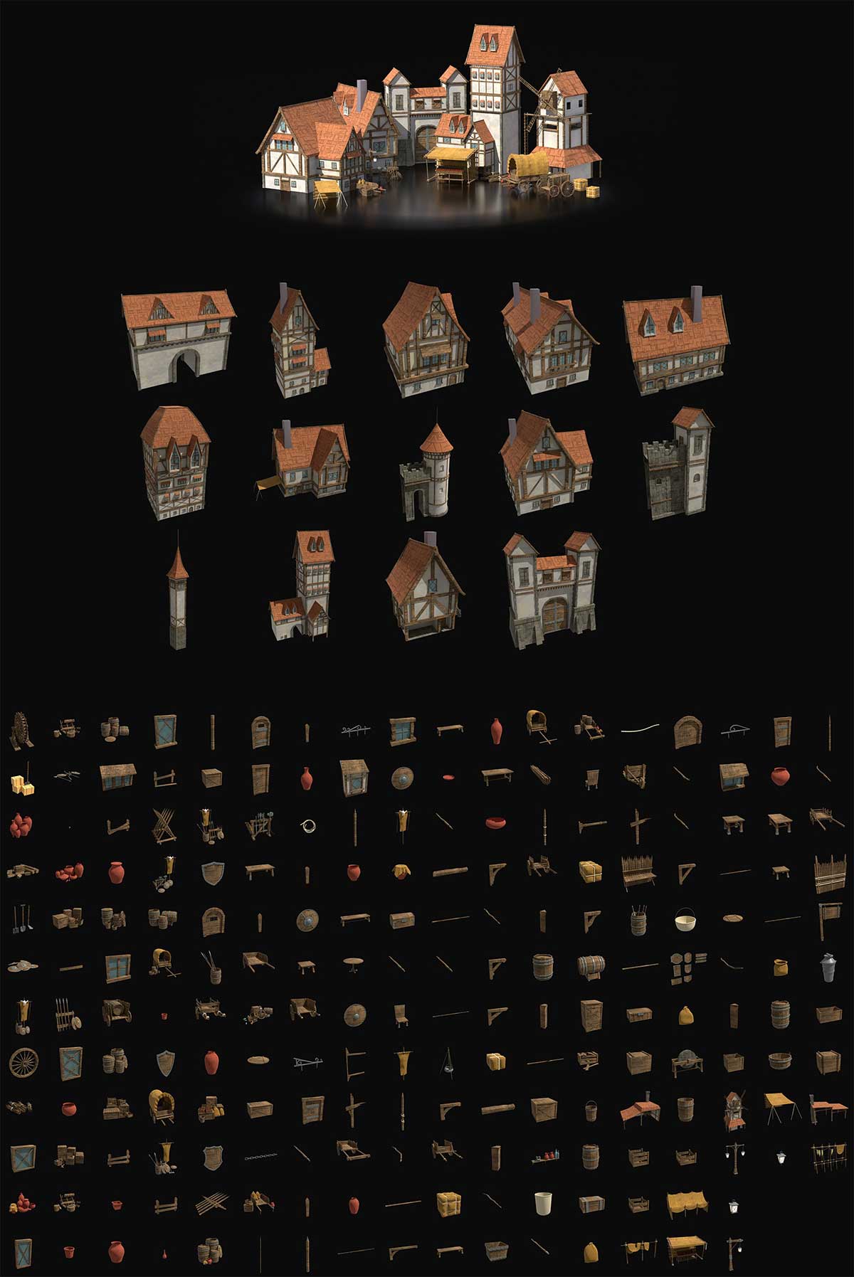 Blender中世纪建筑3D模型资产库 Stylized Building Library Vol.1 Kitbash Assets v1.0.1