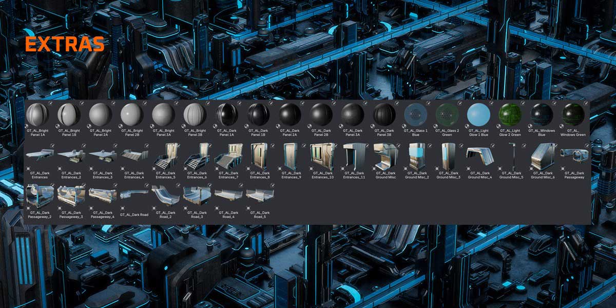 Blender数据都市科幻城市建筑3D模型资产 Arclink City – Data Megapolis Kitbash Buildings