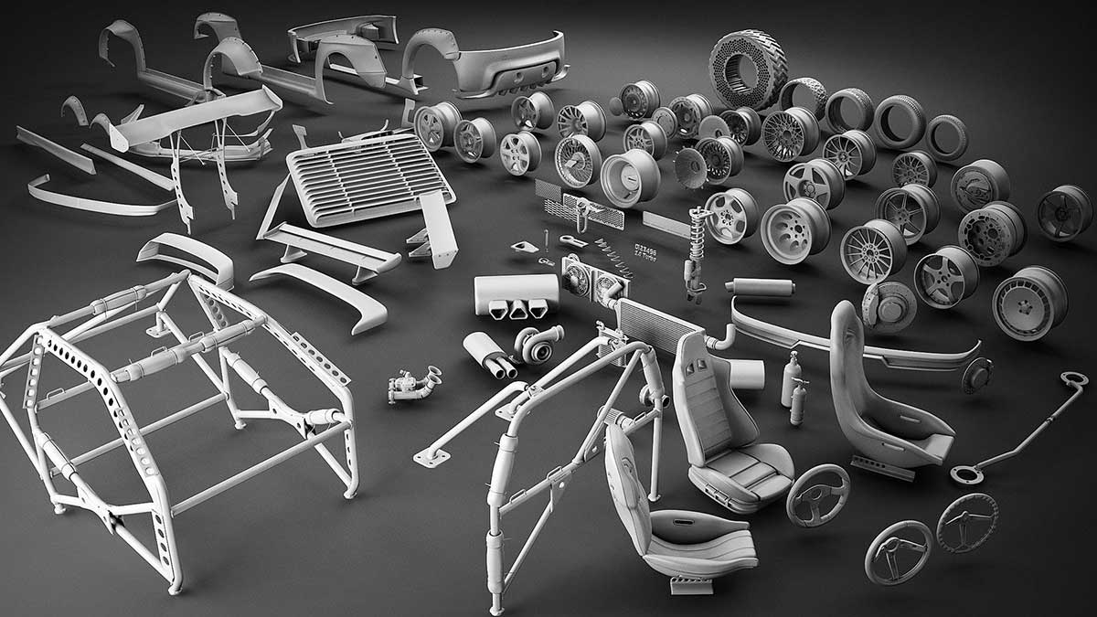 90种汽车轮胎轮毂悬挂装饰等零件3D模型素材包(FBX/Max格式) Artstation – Tune Your Car Kit