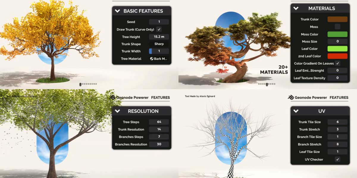Blender400种程序化树木模型生成器资产预设 Treedesigner + 400 Procedural Trees