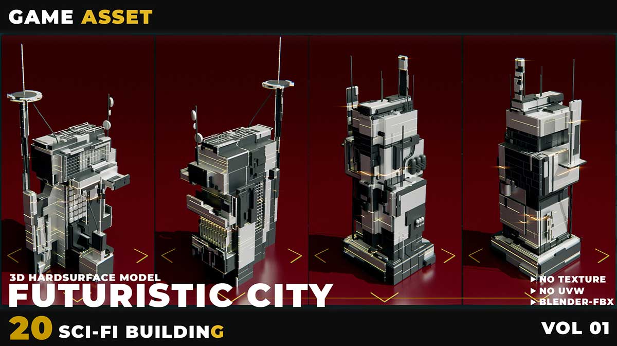 20种科幻未来城市建筑3D模型合集(C4D,Blender,FBX,OBJ) 20 SCI-FI BUILDING FUTURISTIC CITY VOL 01