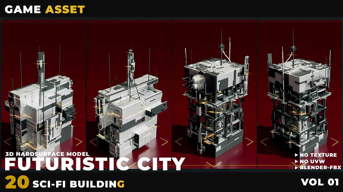 20种科幻未来城市建筑3D模型合集(C4D,Blender,FBX,OBJ) 20 SCI-FI BUILDING FUTURISTIC CITY VOL 01