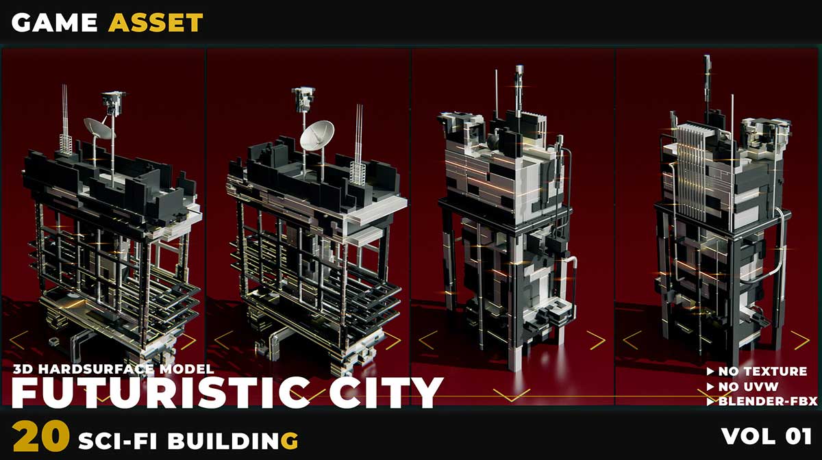 20种科幻未来城市建筑3D模型合集(C4D,Blender,FBX,OBJ) 20 SCI-FI BUILDING FUTURISTIC CITY VOL 01