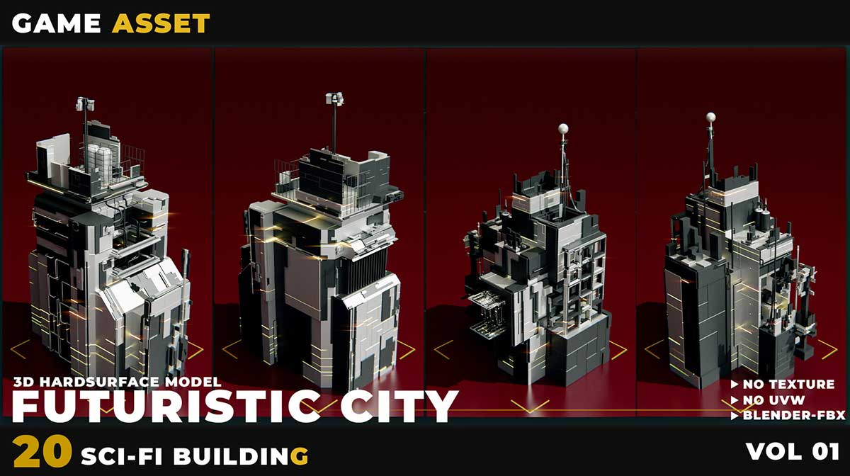 20种科幻未来城市建筑3D模型合集(C4D,Blender,FBX,OBJ) 20 SCI-FI BUILDING FUTURISTIC CITY VOL 01