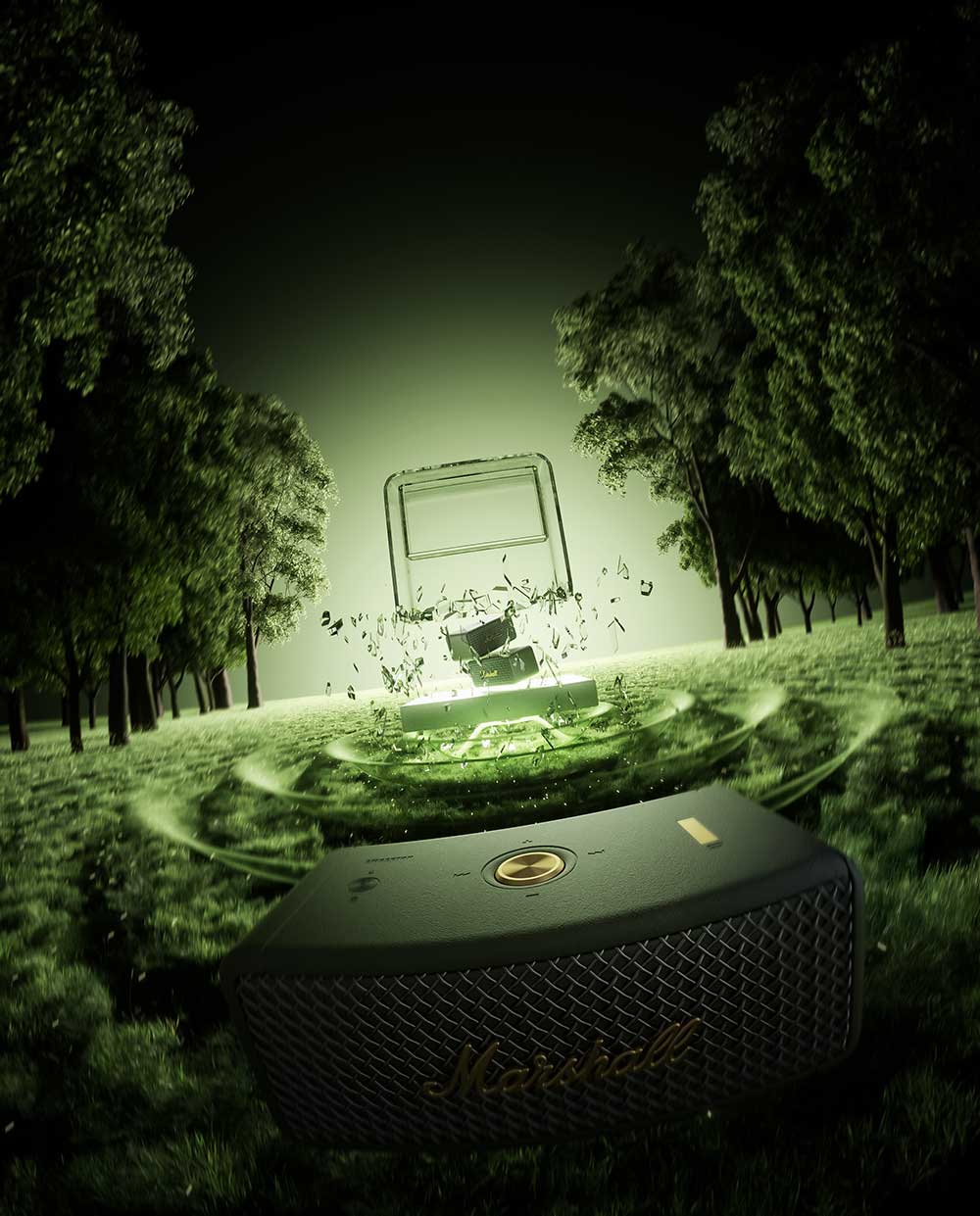 C4D绿色草地马歇尔音响森林场景OC渲染工程音箱C4D模型下载