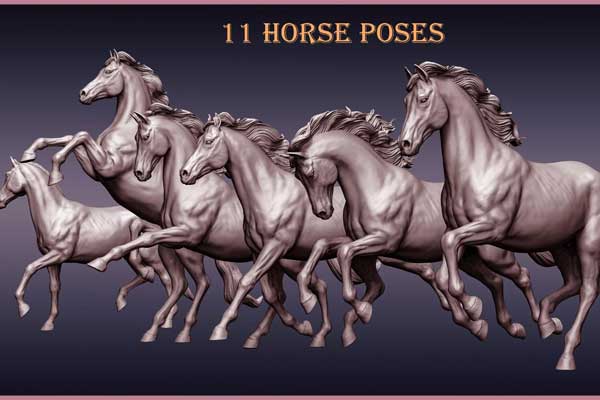 11个雕刻的马匹模型马匹姿势3D模型(ZTL,STL,OBJ通用格式)