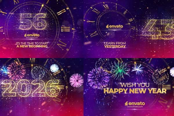 AE2026新年倒计时烟花片头动画模板(含音乐素材) New Year Countdown 2026